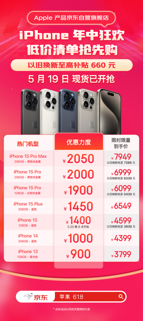 年中买Apple产品认准京东 5月19日现货开抢 以旧换新至高补贴660元