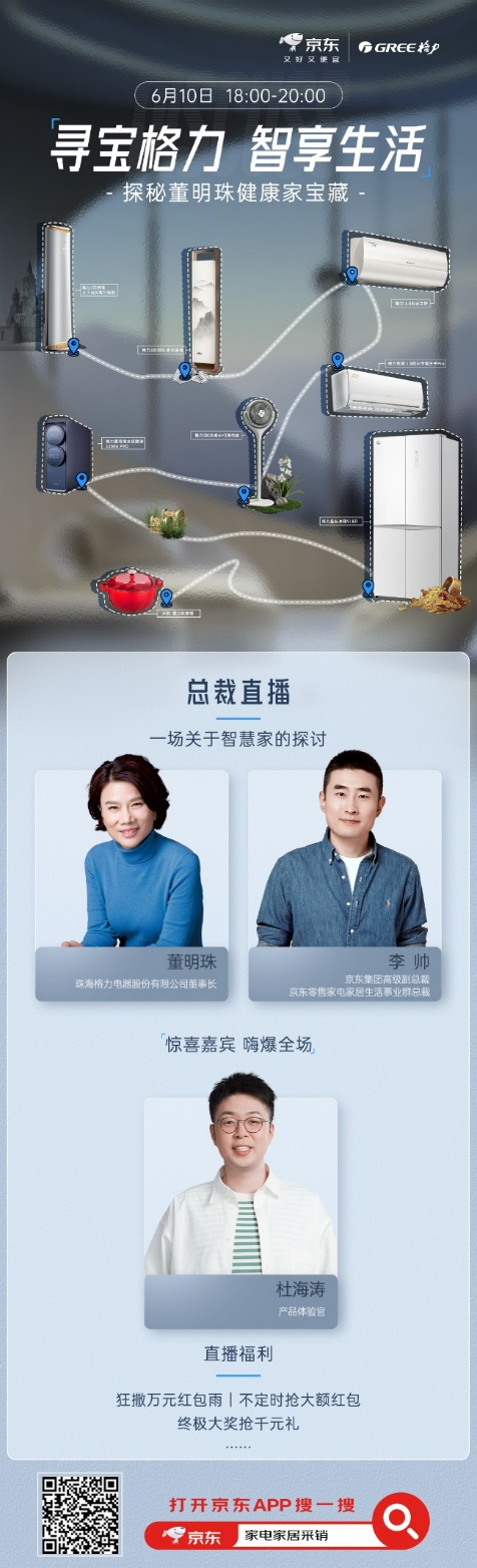 董明珠京东直播第5次开播 6月10日18点携手杜海涛逛“健康家”