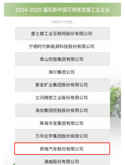 入选福布斯榜单，奇瑞汽车创造经济、环境与社会三重价值
