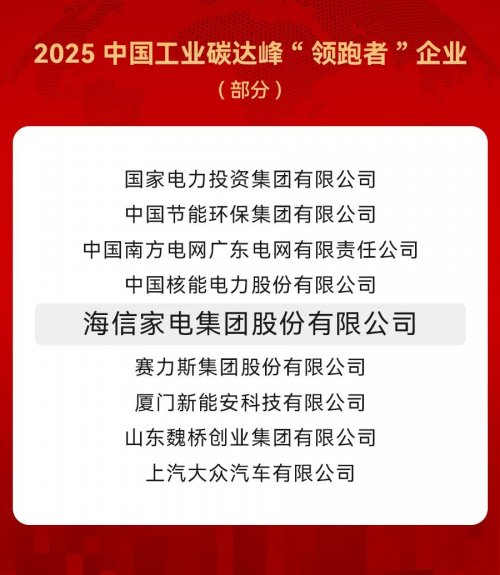 海信家电获评2025中国工业碳达峰“领跑者”企业