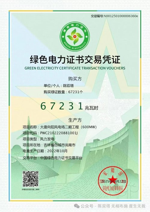 陈双塔绿电消费成交629.19万张绿证
