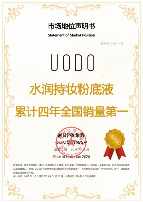 尚普咨询集团:权威市场地位声明——“UODO 水润持妆粉底液累计四年全国销量第一” 尚普咨询集团:权威市场地位声明——“UODO 水润持妆粉底液累计四年全国销量第一”