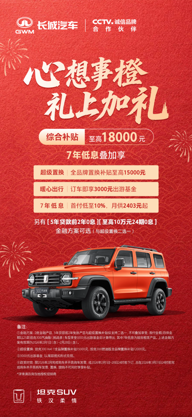 1.8万补贴叠加7年低息 礼上加礼超值购坦克300