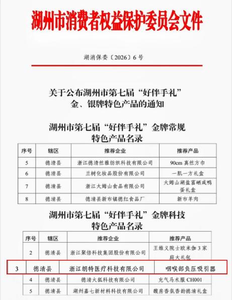 热烈祝贺朗特医疗咽喉部负压吸引器湖州市第七届“好伴手礼”金奖殊荣
