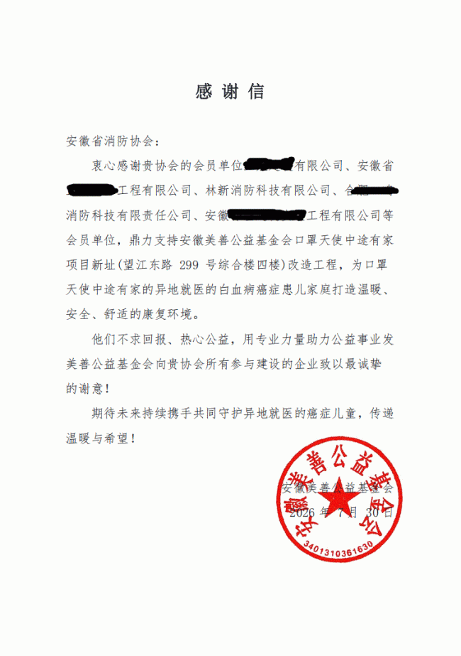 专业赋能公益 责任点亮希望—— 林新消防集团收到安徽美善公益基金会感谢信