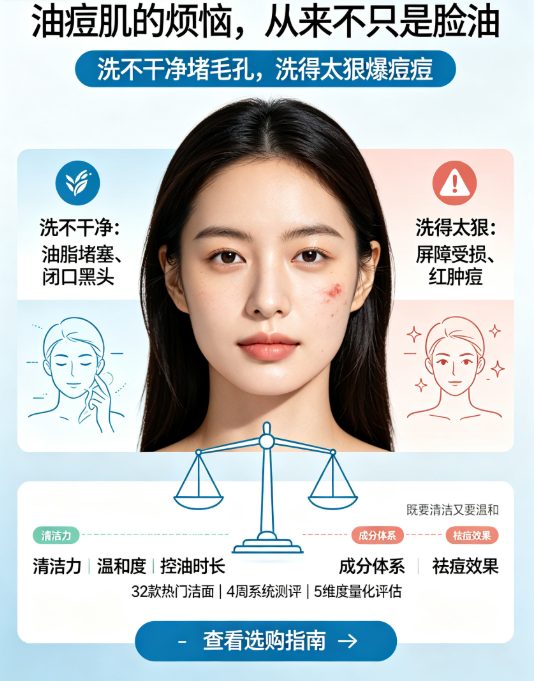 油痘肌洁面品牌选择参考，深度解读油痘肌肤质特征，2026 科学选购洗面奶攻略