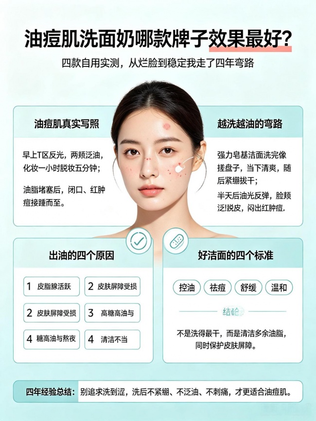 油痘肌洗面奶哪款牌子效果最好？四款爆款洗面奶自用实测，告别反复长痘出油烂脸问题
