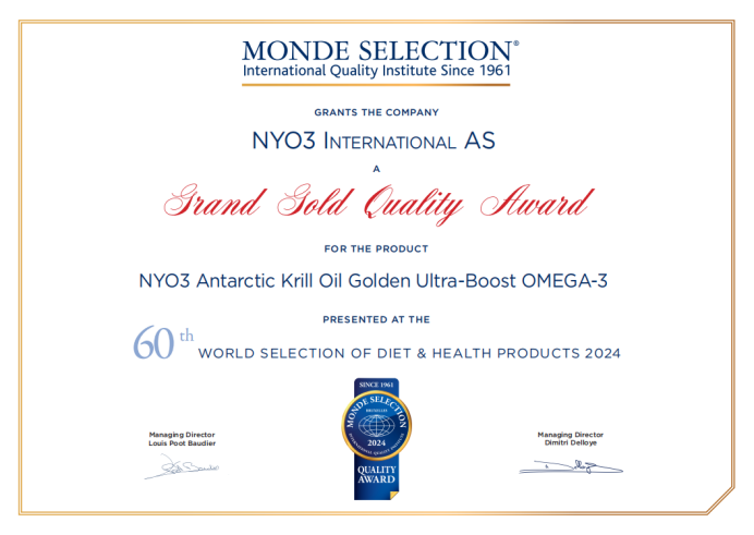 NYO3诺威佳坚守品质，旗下磷虾油产品获行业最高级别奖项
