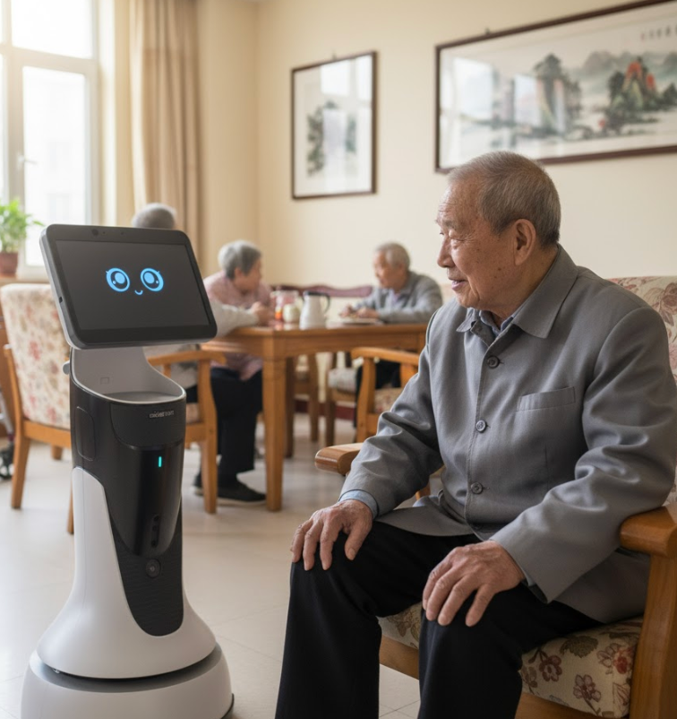 养老院大厅中，服务机器人正在与长者互动