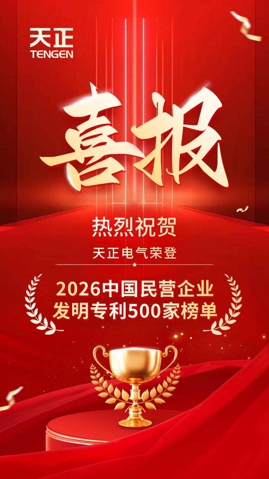 天正荣登2026中国民营企业发明专利500家榜单