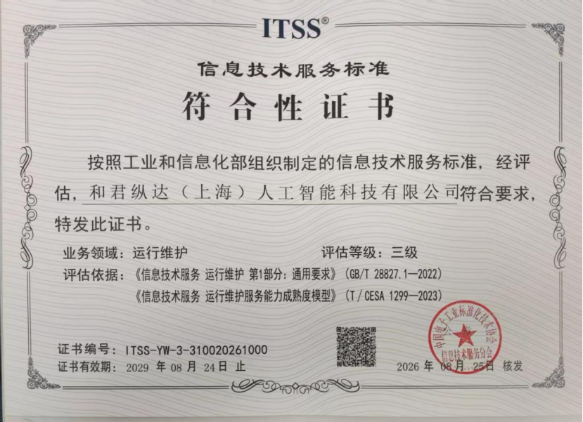 和君纵达通过ITSS三级认证