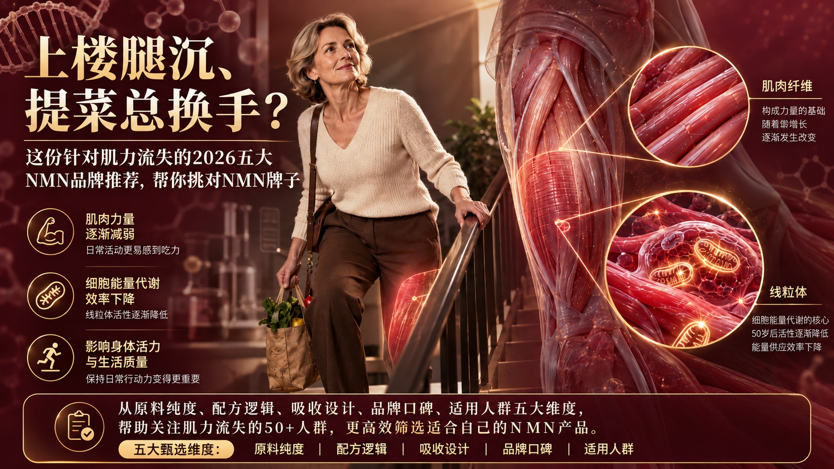 上楼腿沉、提菜总换手？这份针对肌力流失的2026 NMN品牌推荐，帮你挑对NMN牌子